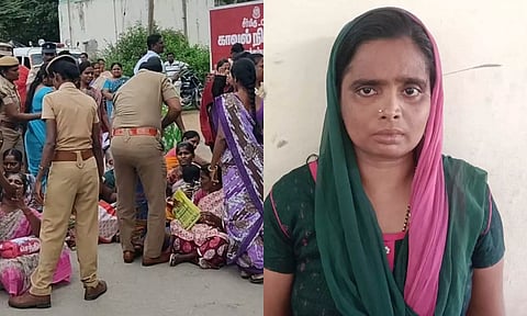 சாலை மறியலில் ஈடுபட்டவர்களிடம் போலீசார் பேச்சு வார்த்தை நடத்திய காட்சி, கைதான மேலாளர் வனிதா. 