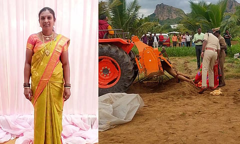 டிராக்டரில் சிக்கி பலியான புஷ்பாவின் உடலை போலீசார் பார்வையிட்ட காட்சி. 