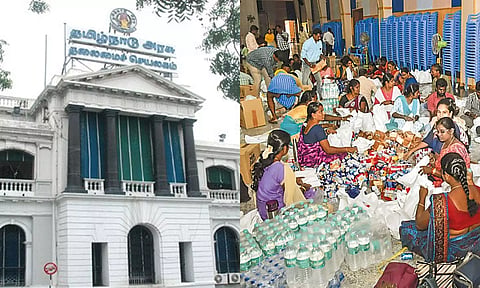 மழை வெள்ளத்தால் பாதிக்கப்பட்ட மக்களுக்கு வழங்குவதற்காக, உணவு பொருட்கள் மதுரையில் தயார் செய்யப்படுவதை காணலாம்.