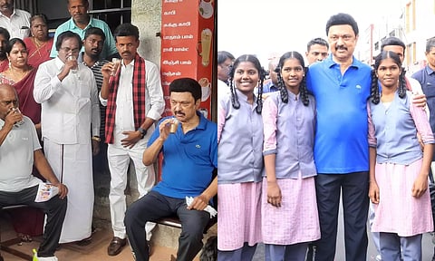 முதலமைச்சர் டீக்கடையில் அமர்ந்து இஞ்சி டீ குடித்த காட்சி - முதலமைச்சருடன் பள்ளி மாணவிகள் புகைப்படம் எடுத்துக்கொண்ட காட்சி.