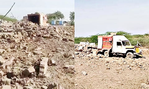 விபத்து நடந்த பகுதி தரைமட்டமாக கிடக்கும் காட்சி - கல்குவாரியில் வெடிவிபத்து நடந்த அறை முற்றிலும் இடிந்து தரைமட்டமாகி கிடப்பதையும், வாகனம் சேதம் அடைந்து இருப்பதையும் காணலாம்.