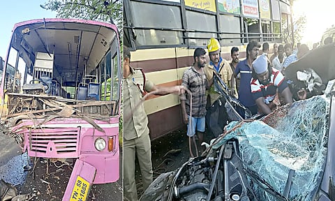 அரசு பேருந்து- கார் நேருக்கு நேர் மோதி விபத்து: குழந்தை உள்பட இருவர் உயிரிழப்பு