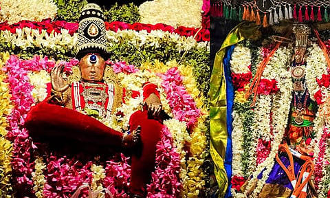 அம்பாளின் கருவறையில் பொறிக்கப்பட்டுள்ள அபிராமி அந்தாதிப் பாடல்