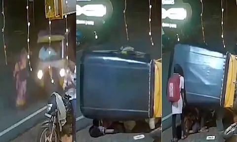 கவிழ்ந்த ஆட்டோவை முழு பலத்துடன் தூக்கி தாயை காப்பாற்றிய பள்ளி மாணவி- வீடியோ