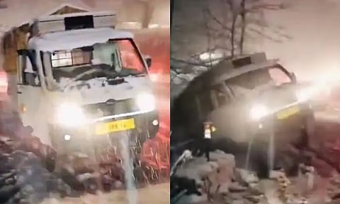 VIDEO: பனிக்கட்டியான சாலை.. வழுக்கிக்கொண்டு பள்ளத்தாக்கில் கவிழ்ந்த டிரக்.. நொடியில் தப்பிய ஓட்டுநர்
