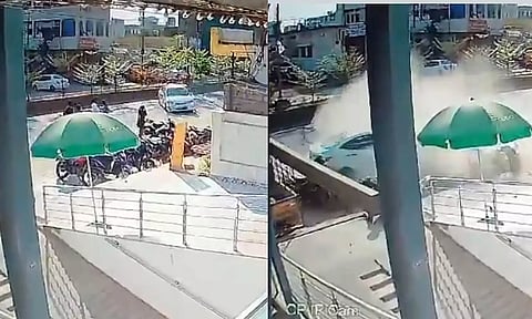 VIDEO: சாலையோரம் நிறுத்தப்பட்டிருந்த பைக்குகள் மீது வேகமாக மோதிய கார் - 3 பேர் காயம்
