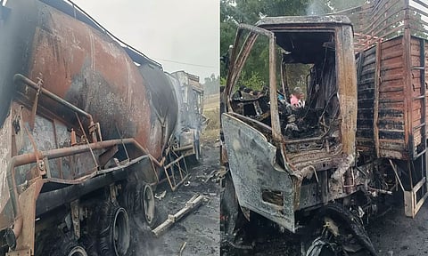 2 லாரிகள் நேருக்கு நேர் மோதி தீ பிடித்தது- டிரைவர் கருகி பலி