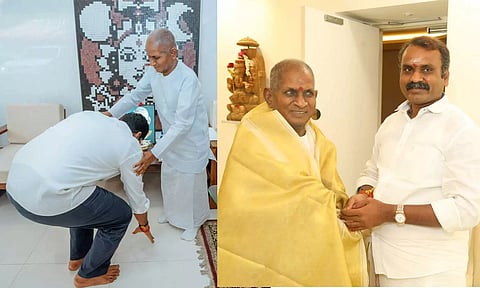 இளையராஜாவை சந்தித்து வாழ்த்து தெரிவித்த அண்ணாமலை, எல். முருகன்