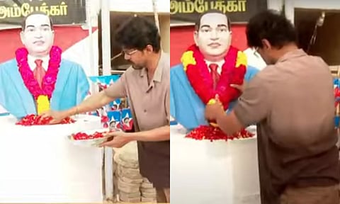 அம்பேத்கர் சிலைக்கு த.வெ.க. தலைவர் விஜய் மாலை அணிவித்து மரியாதை