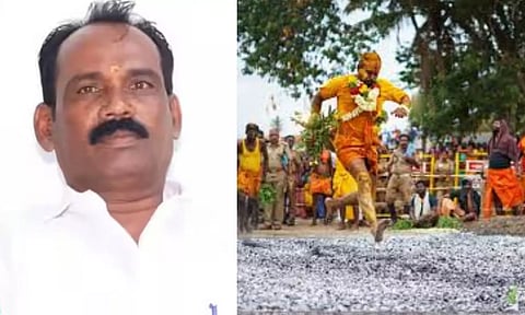 பூக்குழி இறங்கிய ரியல் எஸ்டேட் அதிபர் நெருப்பில் தவறி விழுந்து பலி