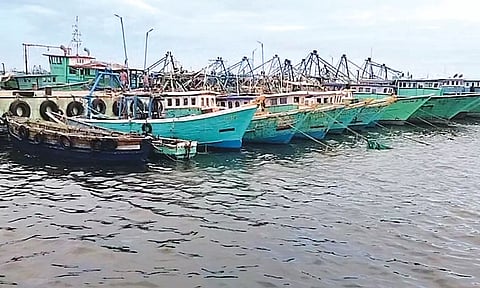 தடை காரணமாக ராமேசுவரத்தில் நிறுத்தி வைக்கப்பட்டுள்ள விசைப்படகுகள்.