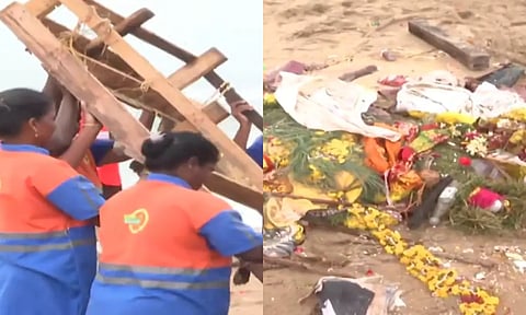 விநாயகர் சிலைகள் கரைப்பு: பட்டினப்பாக்கம் கடற்கரையில் குவிந்த குப்பைகளை அகற்றும் பணி தீவிரம்
