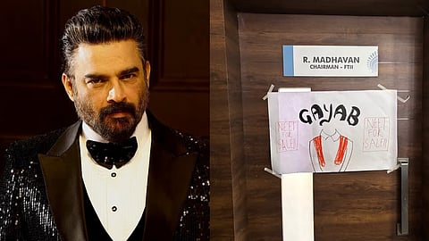 നീറ്റ് അഴിമതിയിലും സിജെപി സമരത്തിലും മൗനം; മാധവനെതിരെ പ്രതിഷേധം, NEET FOR SALE പോസ്റ്ററുമായി എഫ്ടിഐഐ വിദ്യാർഥികൾ
