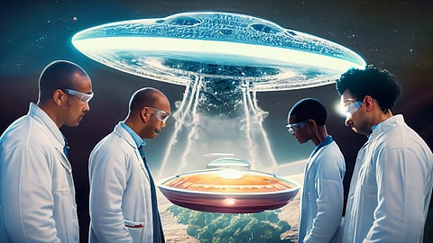 An imaginary picture of a group of scientists examining a UFO to bust the myth about it and reveal reality.