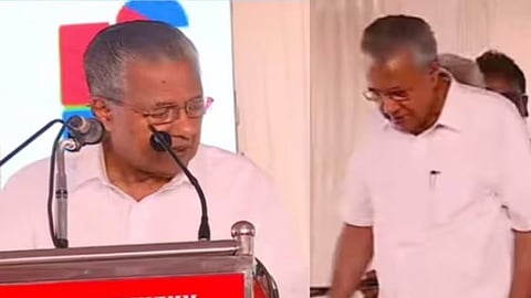 പിണറായി വിജയൻ പ്രസംഗത്തിനിടെ തടസം നേരിട്ടതിനെതുടർന്ന് സ്റ്റേജിൽ നിന്ന് ഇറങ്ങി പോവുന്ന ടെലിവിഷൻ ദൃശ്യം