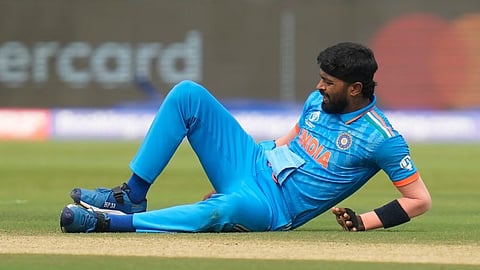 Hardik Pandya in pain after being injured during the match against Bangladesh in ICC ODI cricket world cup last week