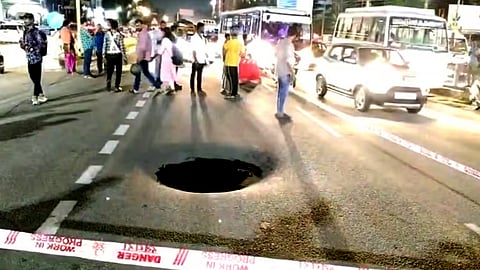 Deep pothole on Thiruvananthapuram Akkulam bypass road