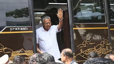Chief Minister Pinarayi Vijayan in Navakerala bus during the Navakerala yatra