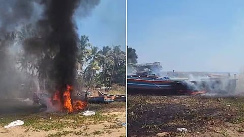 ബ്ലാങ്ങാട് കടപ്പുറത്ത് കയറ്റിവെച്ചിരുന്ന വഞ്ചികൾക്ക് തീപിടിച്ചു