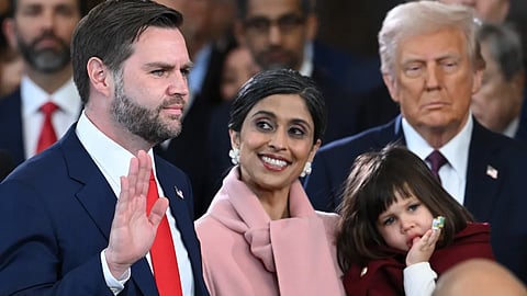 JD Vance takes oath as Usha watches. Daughter Mirabel and Donald Trump nearby.