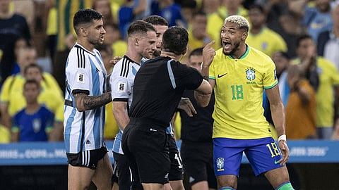 Referee intervenes as Argentina, Brazil players fight during the world cup qualifier