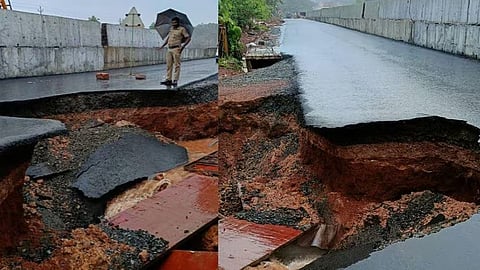 crack on National highway, traffic jam