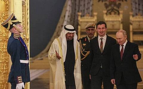 Russian President Vladimir Putin welcomes UAE President Sheikh Mohammed bin Zayed Al-Nahyan during a meeting at the Kremlin in Moscow on January 29, 2026