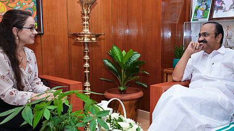 Ilze Skromane, the sister of the Latvian woman murdered in Kovalam, meeting Chief Minister V.D. Satheesan