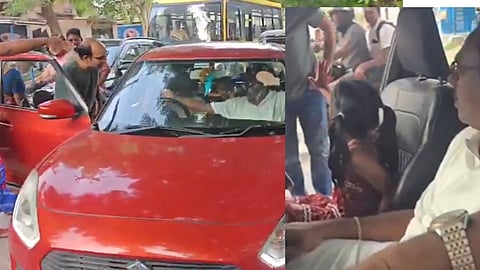 Police officer lets granddaughter drive car on busy road; massive traffic jam