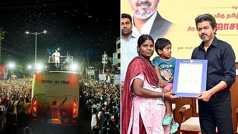 Chief Minister Vijay hands over appointment orders for jobs to the family members of the deceased in Karur (File photo).