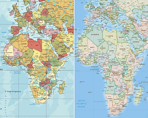 Africa on the world map based on the currently used "Mercater projection" (left), and Africa on the new map approved by the UN (right).