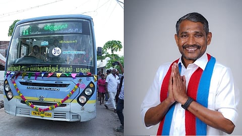 The government bus arriving to launch services for the first time in the Minister's constituency (left); Minister Vanni Arasu (right).