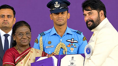 Actor Mammootty receives the National Award for Best Actor from President Droupadi Murmu at the 72nd National Film Awards ceremony