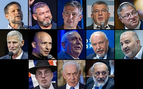 Otzma Yehudit leader Itamar Ben Gvir; 2nd row: Democrats leader Yair Golan, B'Yachad leader Naftali Bennet, Yashar leader Gadi Eisenkot, Yisrael Beytenu leader Avigdor Liberman, Ra'am leader Mansour Abbas; 3rd row: United Torah Judaism leader Yaakov Asher, Prime Minister and Likud leader Benjamin Netanyahu, Shas leader Aryeh Deri.