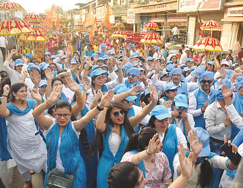 Sindhi community members participate in a religious procession on the occasion of Cheti Chand, marked as birth anniversary of Lord Jhulelal, in Bhopal on Thursday.