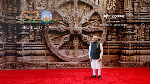 The background of the summit venue - Replica of Konark Wheel