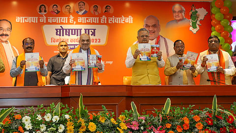 Amit Shah at the launch of the party's manifesto for this month's Chhattisgarh elections
