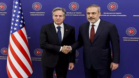 U.S. Secretary of State Antony Blinken, left, meets with Turkish Foreign Minister Hakan Fidan