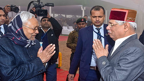 Bihar Governor Rajendra Arlekar being welcomed by CM Nitish Kumar during the 75th Republic Day function, at Gandhi Maidan in Patna