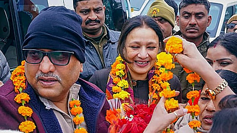 UP Congress President Ajay Rai with party leader Aradhana Misra on their way to Ayodhya.