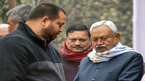 Bihar CM Nitish Kumar with Dy CM Tejashwi Yadav during a programme organised on the birth anniversary of Netaji Subhas Chandra Bose, in Patna