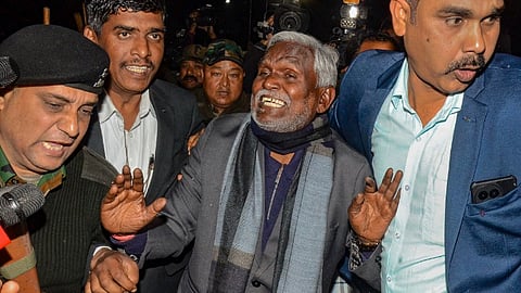Champai Soren reacts while coming out from Rajbhavan after a meeting with Guv CP Radhakrishnan.