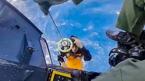 Indian Navy personnel conduct a rescue operation after Barbados Flagged Bulk Carrier MV True Confidence reported an incident of fire, in the Gulf of Aden.