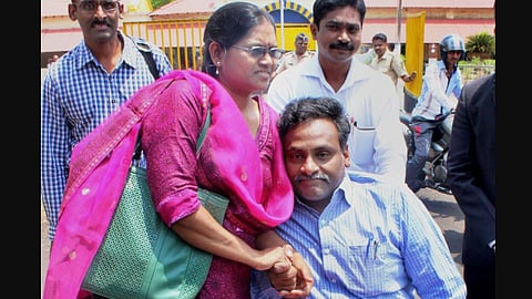 In a 2016 file photo, former Delhi University professor GN Saibaba is seen with his wife Vasantha Kumari outside the Nagpur Central Jail.