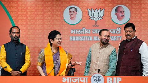 Former Congress leader from Kerala Padmaja Venugopal addresses media after joining Bharatiya Janata Party (BJP) in the presence of party leader Prakash Javadekar, in New Delhi, Thursday, March 7, 2024.