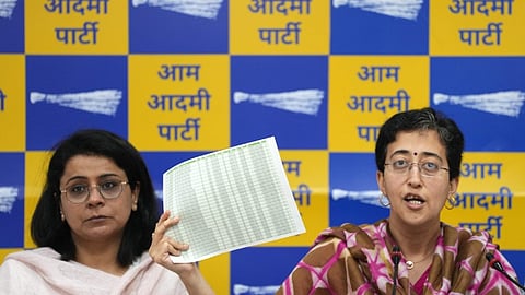 Delhi Education Minister and AAP leader Atishi Singh with party leader Priyanka Kakkar addresses a press conference, in New Delhi, Saturday, March 23, 2024.