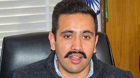 Himachal Pradesh Minister Vikramaditya Singh addresses a press conference, in Shimla, Wednesday, March 6, 2024.