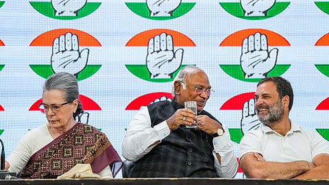 Congress leaders Sonia Gandhi, Mallikarjun Kharge and Rahul Gandhi brief the media, at AICC headquarters, in New Delhi, Thursday, March 21, 2024.