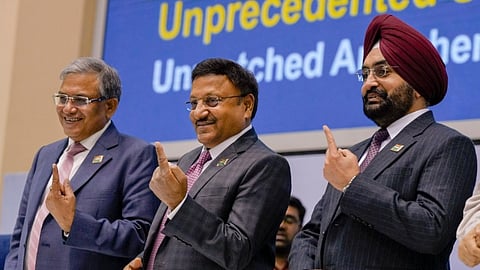 Chief Election Commissioner Rajiv Kumar and Election Commissioners Gyanesh Kumar and Sukhbir Singh Sandhu during announcement of the schedule for General Elections 2024.