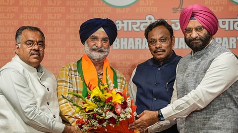 BJP National General Secretaries Tarun Chugh and Vinod Tawde and BJP leader Manjinder Singh Sirsa with former ambassador of India to US Taranjit Singh Sandhu as the latter joins the party, in New Delhi, Tuesday, March 19, 2024.